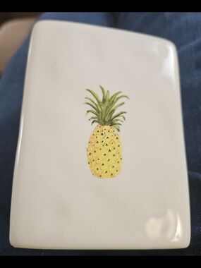 White Ceramic Pineapple Trinket Vase or Crock Yellow & Green Rae Dunn